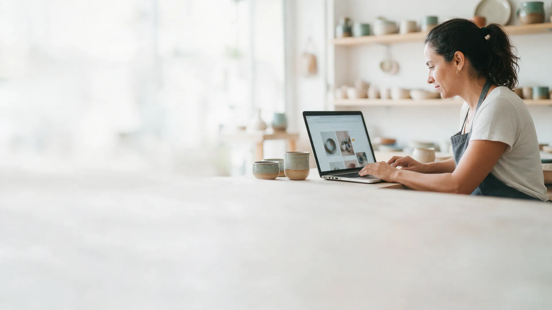 Dona de pequeno negócio atualizando o site da loja no notebook